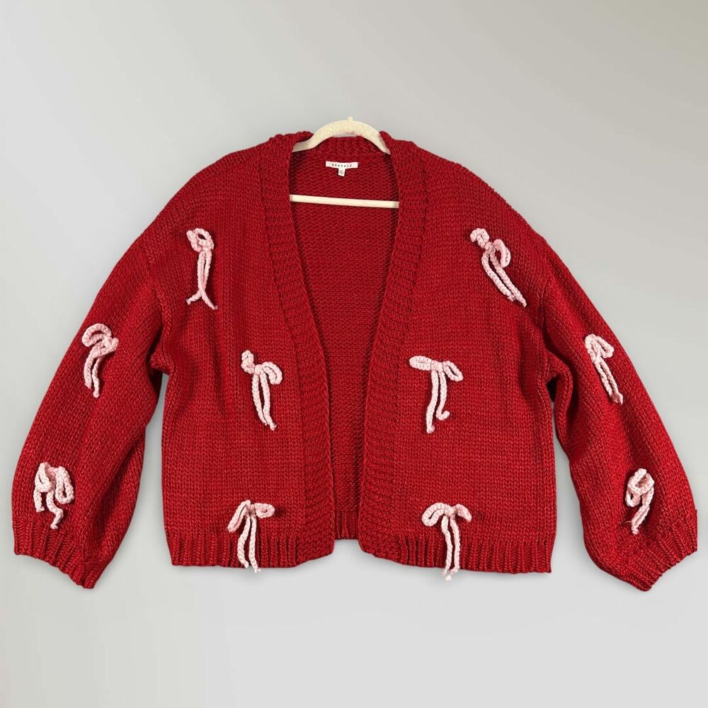 Baevely by Wellmade Women’s Cardigan Sweater Mistletoe and Bows Red Size 2XL